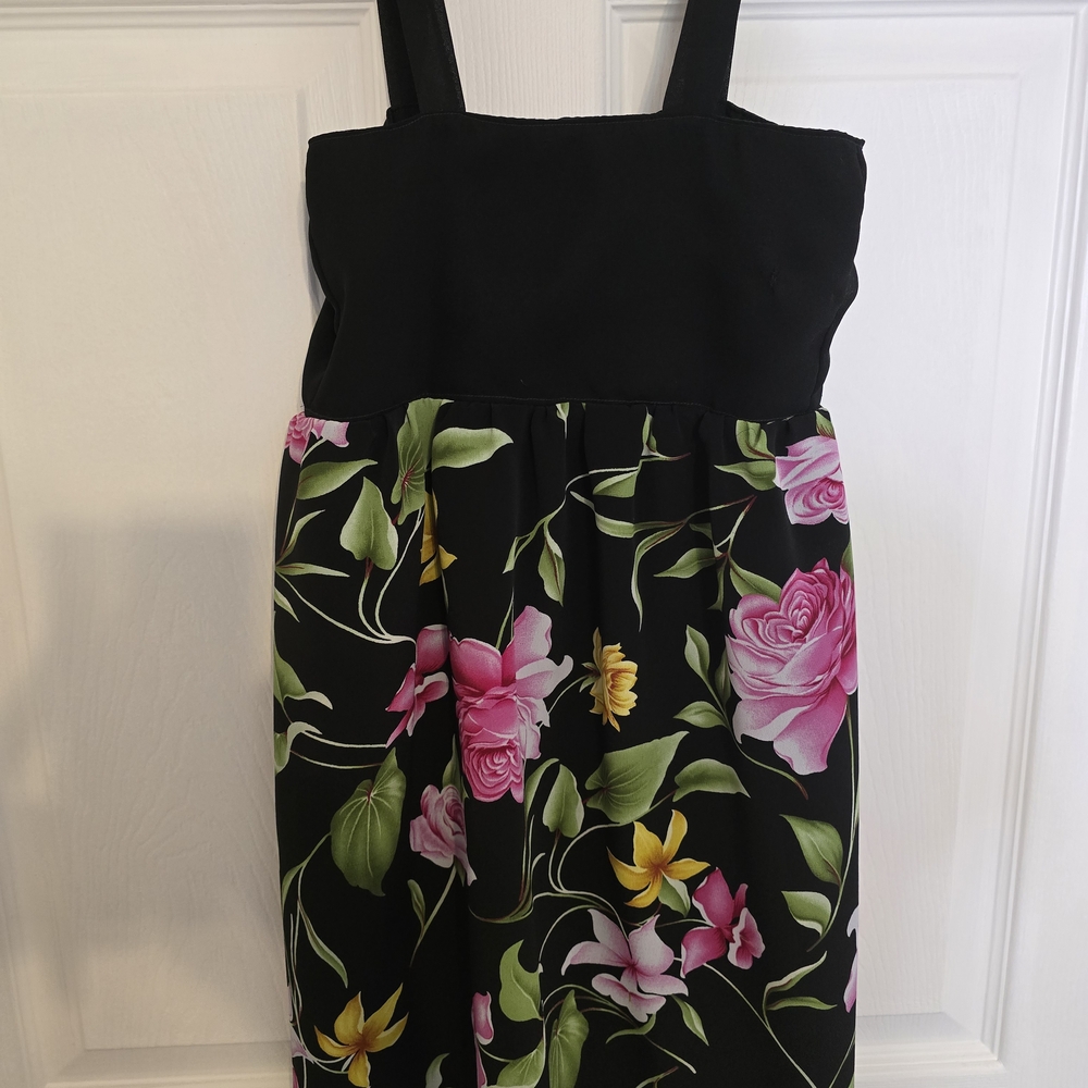 Floral Black Dress with Pink and Yellow Accents Size 5-6 Handmade Silkish
